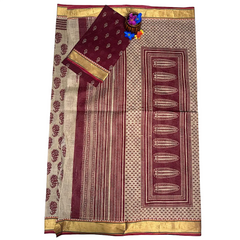 Maroon Paisley Mango-shaped Motifs Cotton Saree