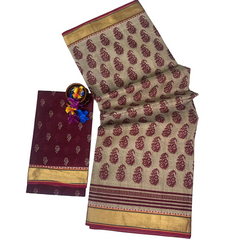 Maroon Paisley Mango-shaped Motifs Cotton Saree