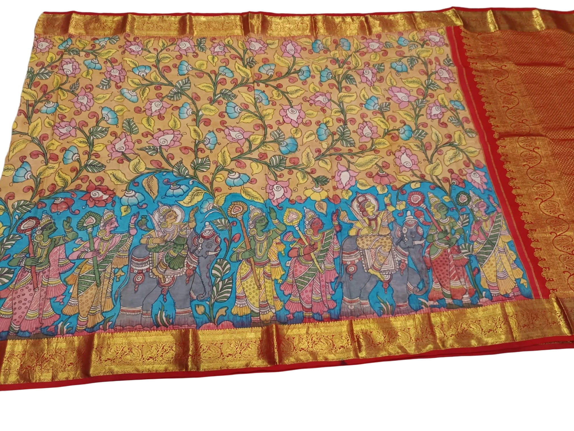 KANCHI PATTU PEN KALAMKARI SAREE WITH KANCHI BORDER