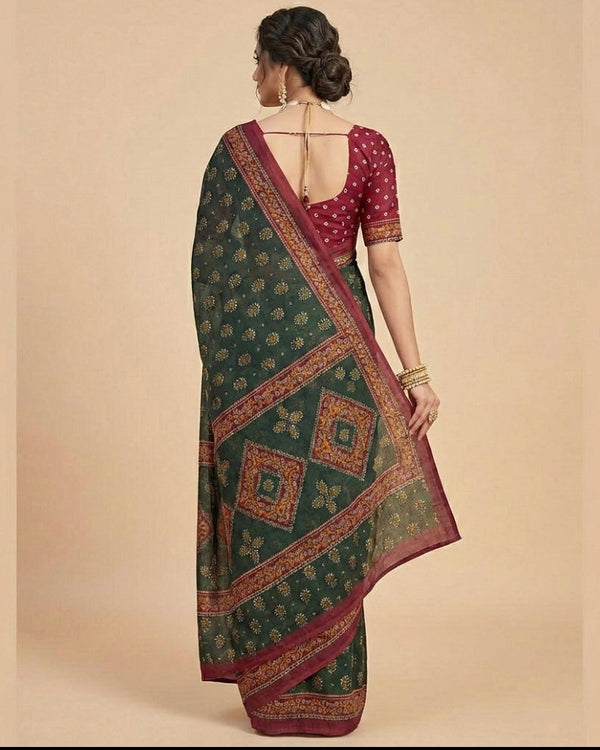 Green Bloossom Heritage Cotton Saree.