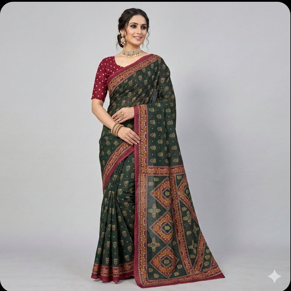 Vrinda Floral Green Saree