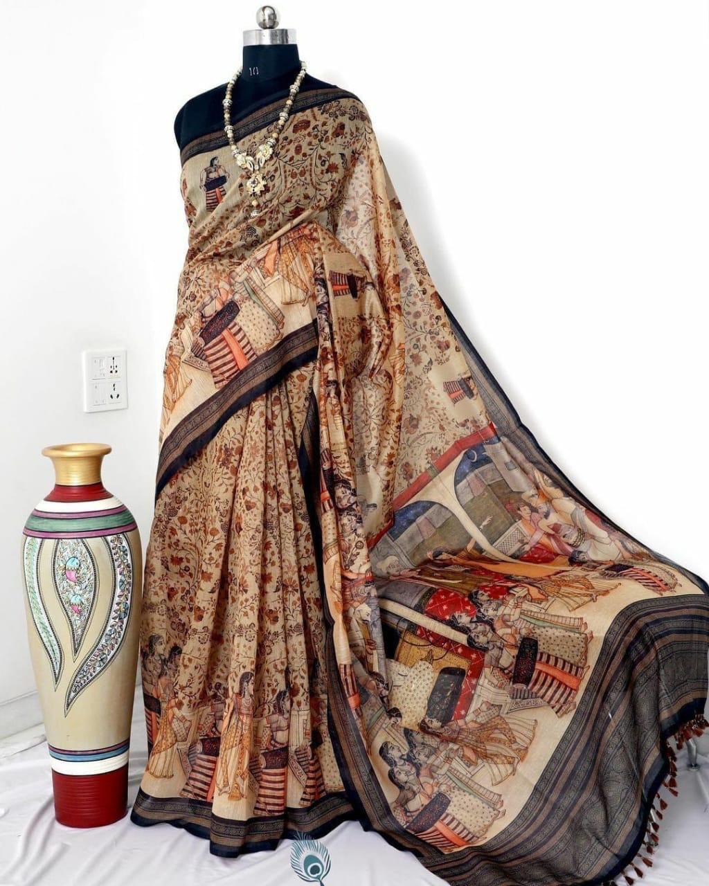 LINEN DIGITAL PRINT SAREE WITH KALAMKARI PRINT