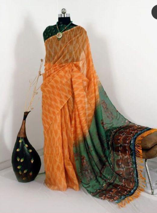 LINEN DIGITAL PRINT SAREE WITH KALAMKARI PRINT