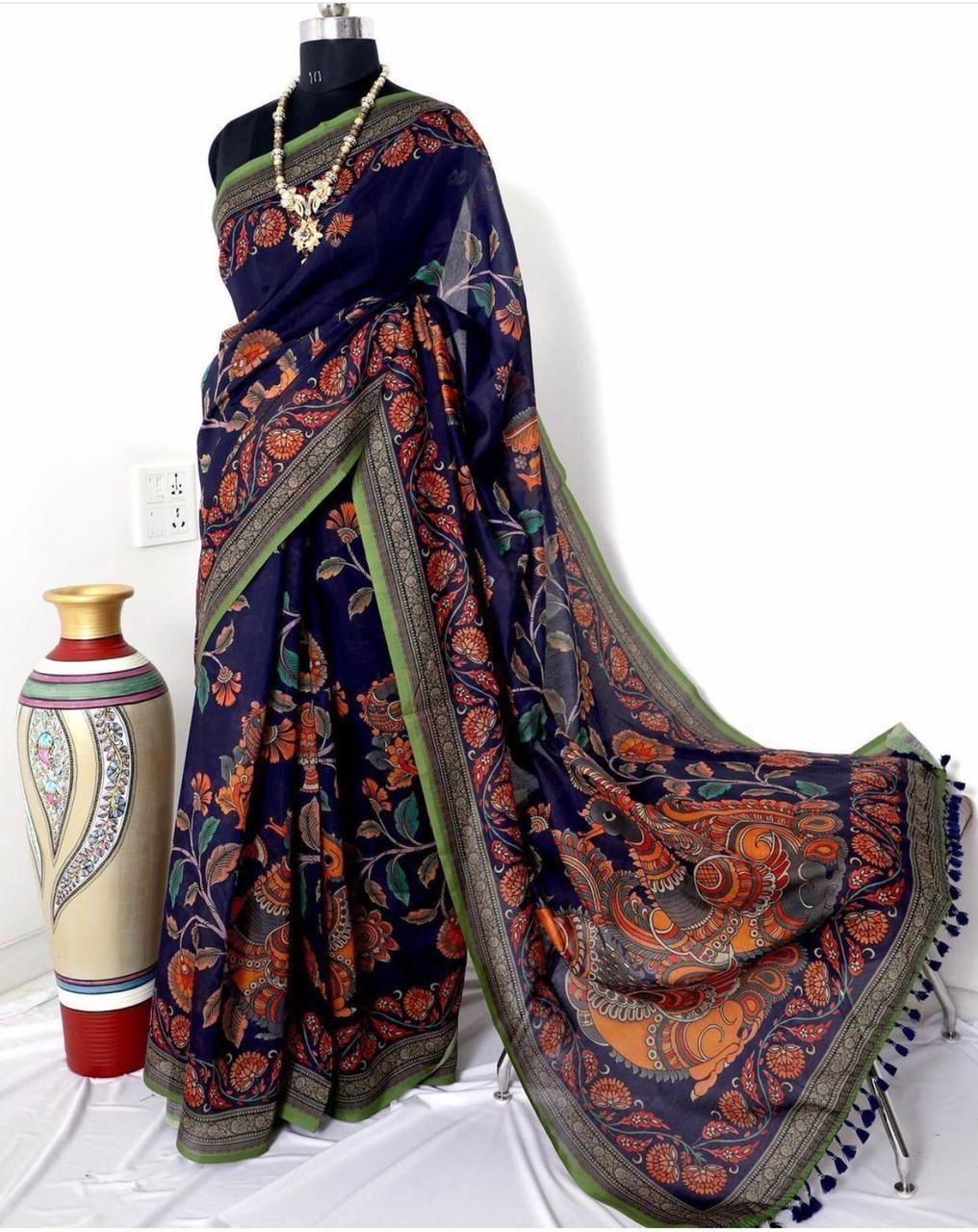 LINEN DIGITAL PRINT SAREE WITH KALAMKARI PRINT