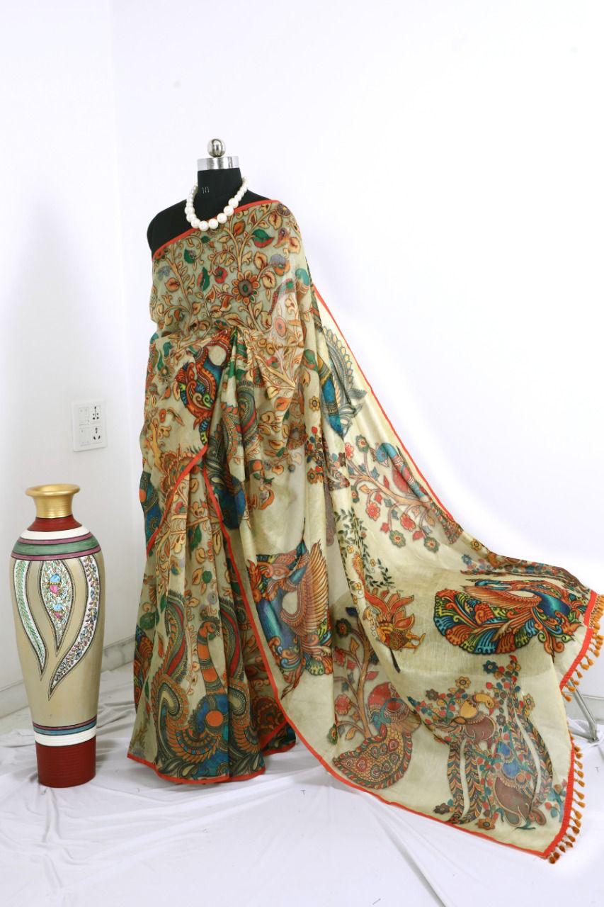 LINEN DIGITAL PRINT SAREE WITH KALAMKARI PRINT