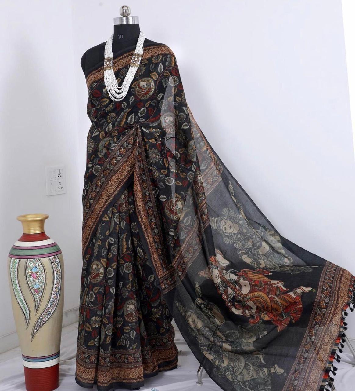 LINEN DIGITAL PRINT SAREE WITH KALAMKARI PRINT