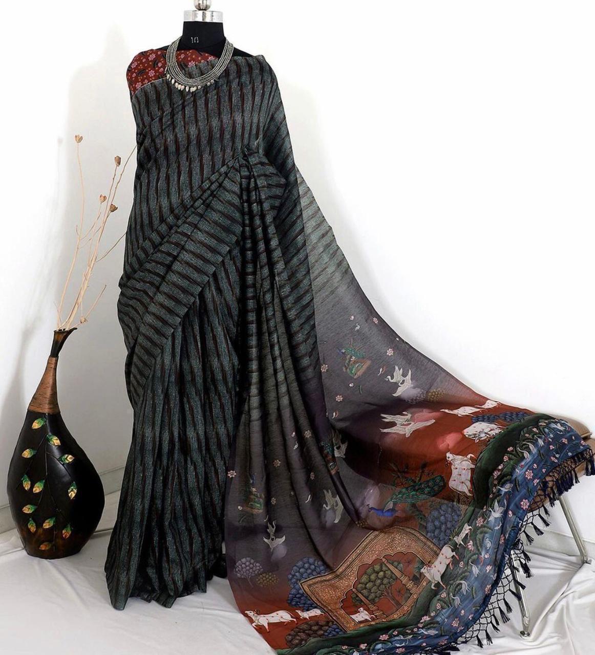 LINEN DIGITAL PRINT SAREE WITH KALAMKARI PRINT