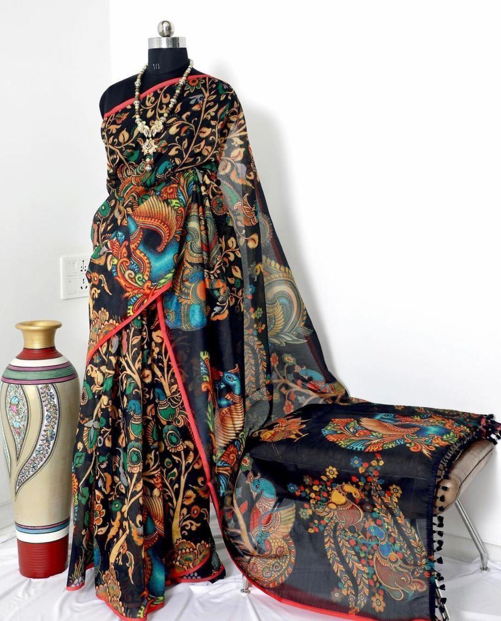 LINEN DIGITAL PRINT SAREE WITH KALAMKARI PRINT