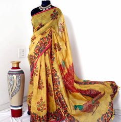 LINEN DIGITAL PRINT SAREE WITH KALAMKARI PRINT