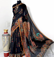 LINEN DIGITAL PRINT SAREE WITH KALAMKARI PRINT