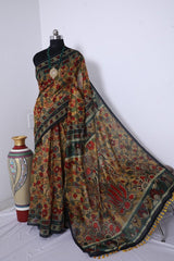 LINEN DIGITAL PRINT SAREE WITH KALAMKARI PRINT