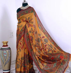 LINEN DIGITAL PRINT SAREE WITH KALAMKARI PRINT
