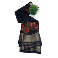 Vanika Noir Leaf Printed Lenin Blend Saree.