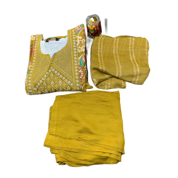 Mustard Roman Silk Kurti Set