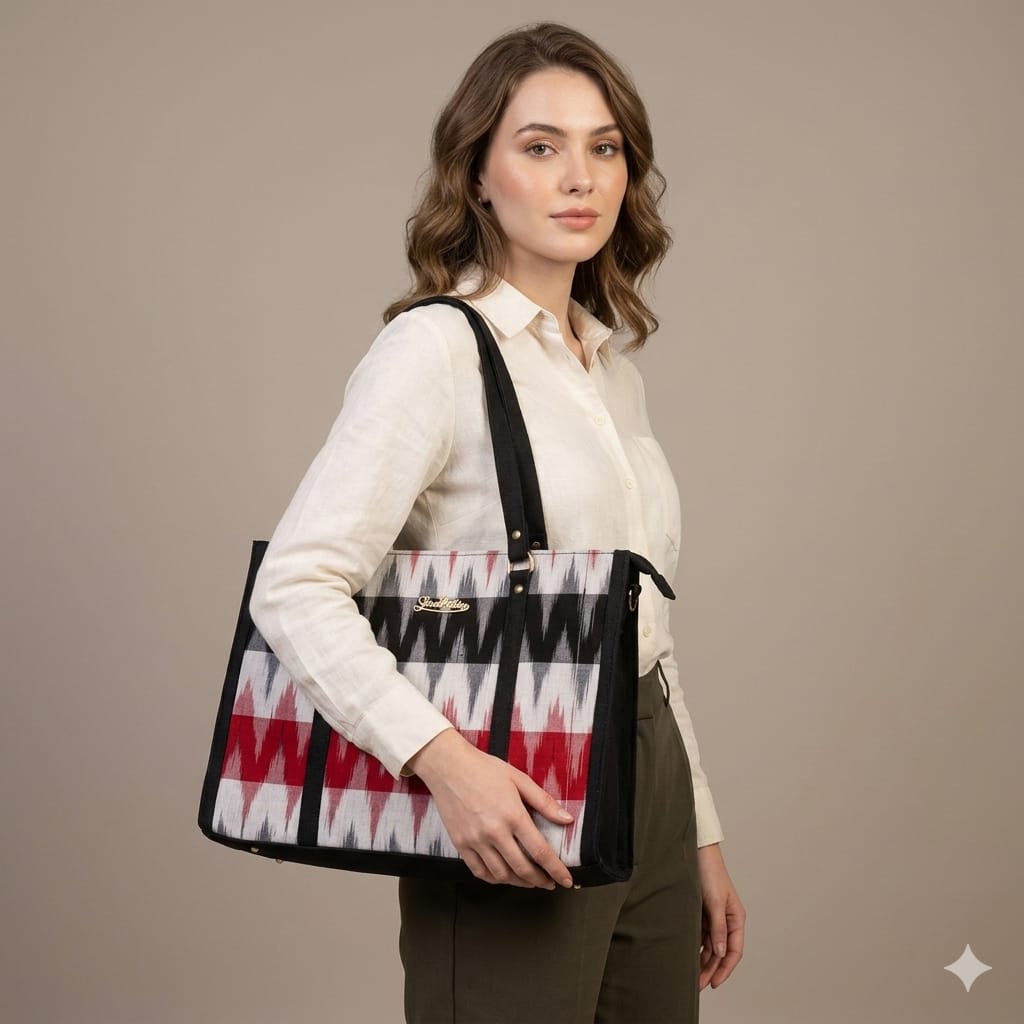 Crimson Rhythm Ikat Tote Bag.
