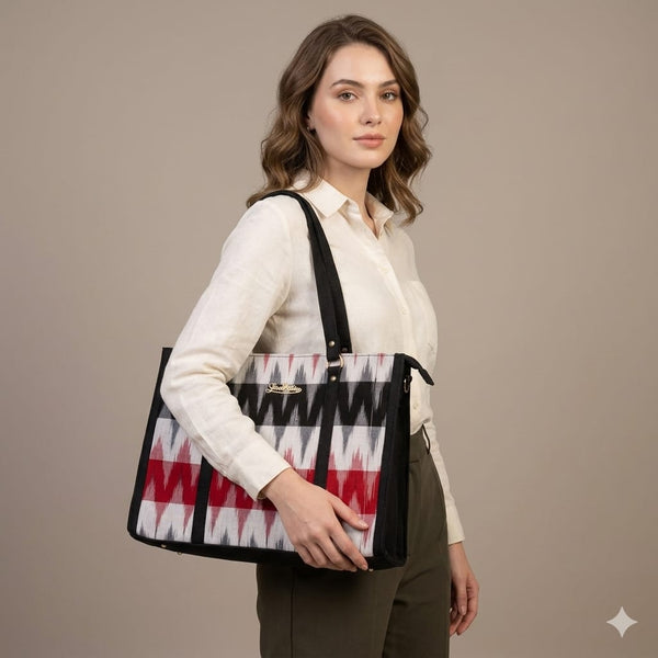 Crimson Rhythm Ikat Tote Bag.