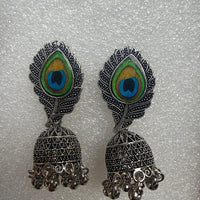 Oxidized Silver Peacock Feather Jhumkas
