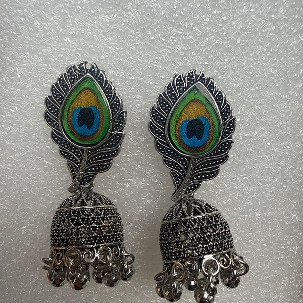 Oxidized Silver Peacock Feather Jhumkas