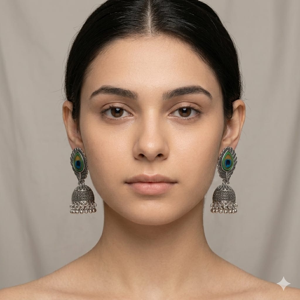 Oxidized Silver Peacock Feather Jhumkas