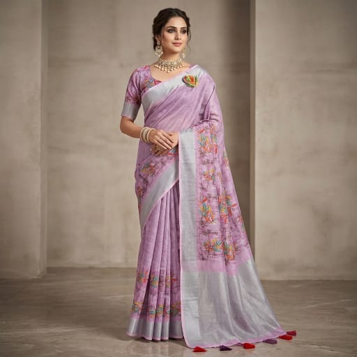 Purple Floral Digital Printed Linen Saree