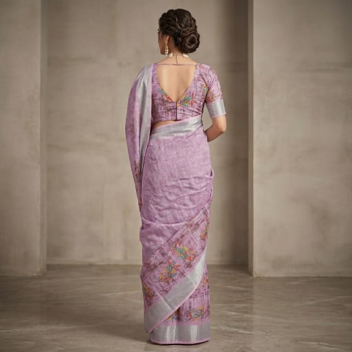Purple Floral Digital Printed Linen Saree