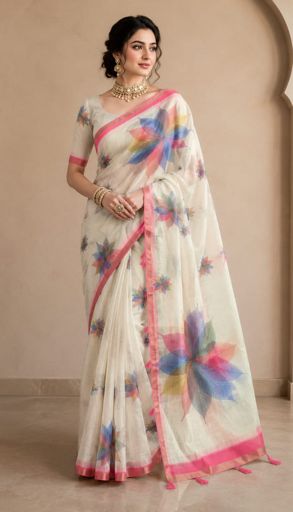 Linen Print Saree with Rainbow Leaf Motifs.