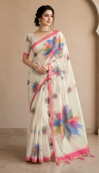 Linen Print Saree with Rainbow Leaf Motifs.