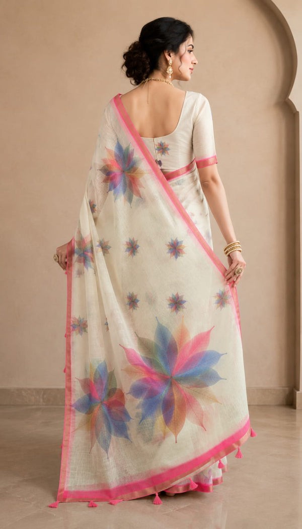 Linen Print Saree with Rainbow Leaf Motifs.