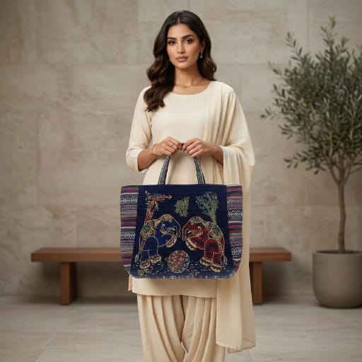 Embroidered Motif Tapestry Tote Bag