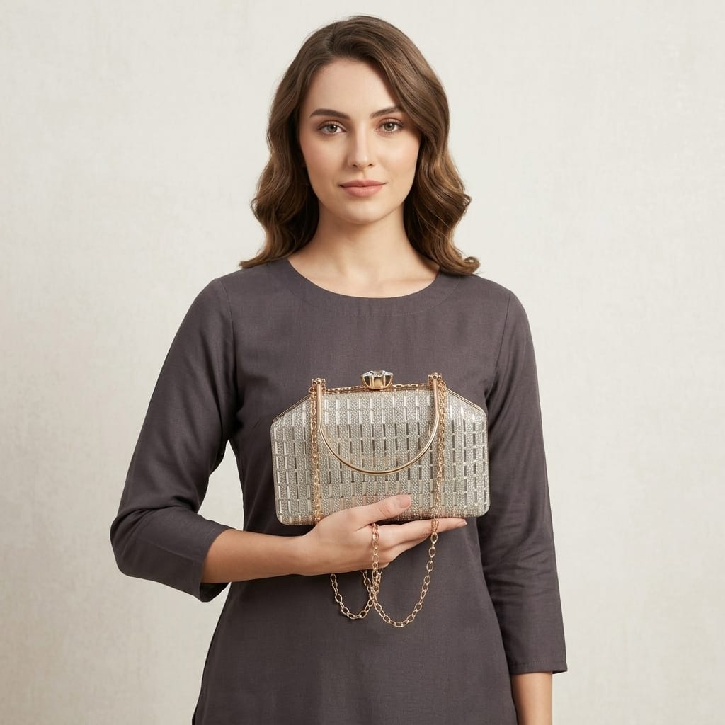 Silver Crystal Flower Clasp Clutch