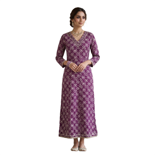 Purple Bandhani Print Anarkali Kurti Top
