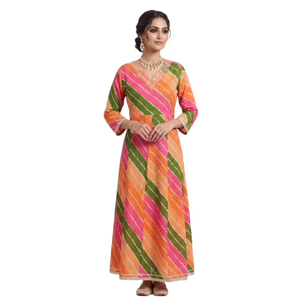 Multicolor Leheriya Print Anarkali Gown