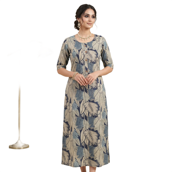 Grey Floral Printed Round Neck Dress
