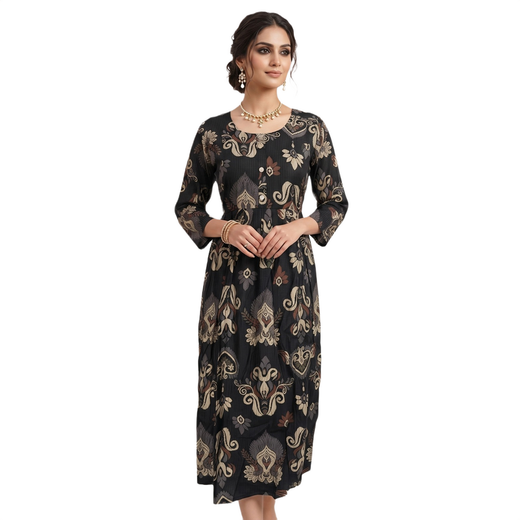 Black Ikat Printed Flared Kurta