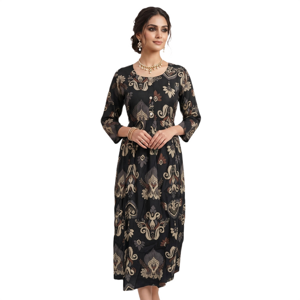 Black Ikat Printed Flared Kurta