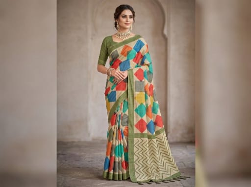 Geometric Print Linen Saree