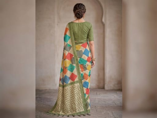 Geometric Print Linen Saree