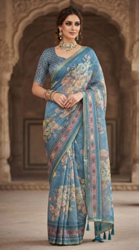 Digital Floral Printed Linen Cotton Saree