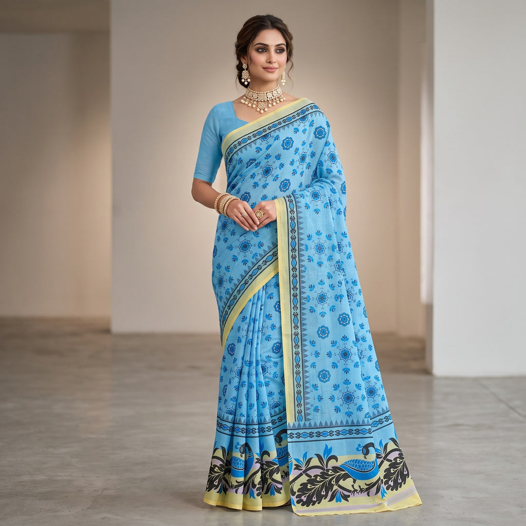 Mulmul Cotton Floral Block Print Saree