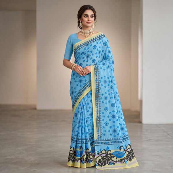 Mulmul Cotton Floral Block Print Saree