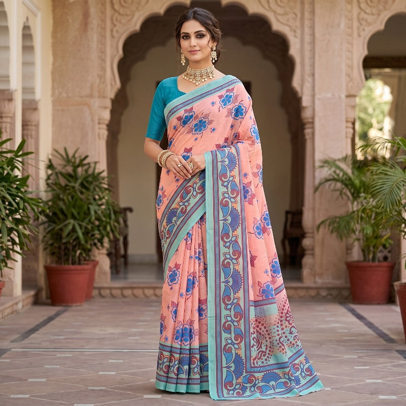 Mulmul Cotton Floral Block Print Saree