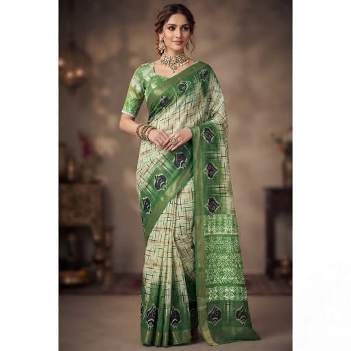 Mulmul Cotton Saree with Grid Pattern and Floral Bootis