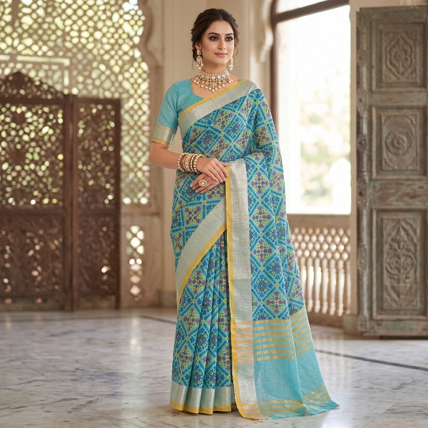 Floral Print Linen Patola Ikat Saree
