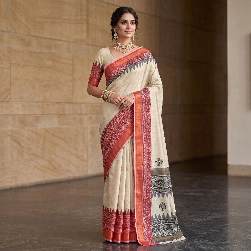 Cream Tussar Silk Saree
