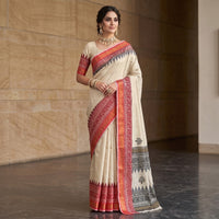Cream Tussar Silk Saree