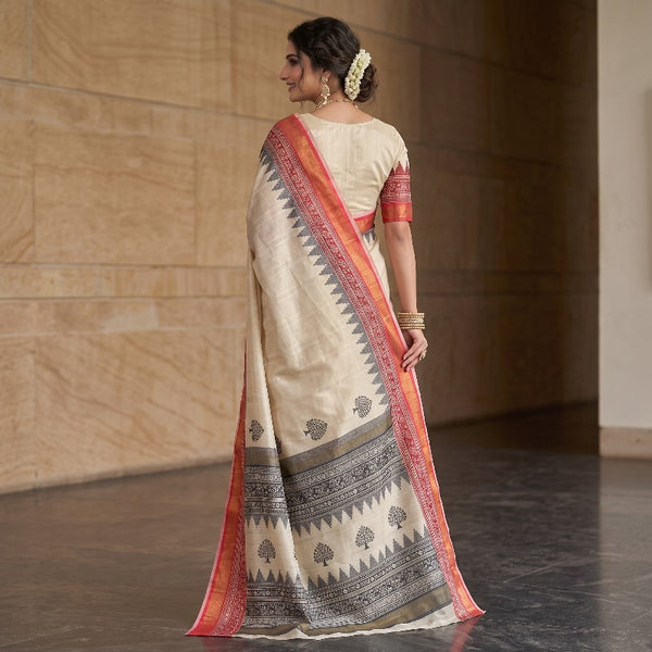 Cream Tussar Silk Saree