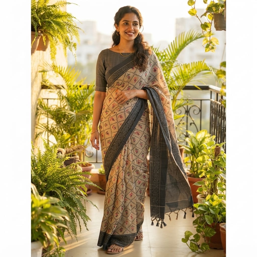Chanderi Cotton Hand Block Print Saree.