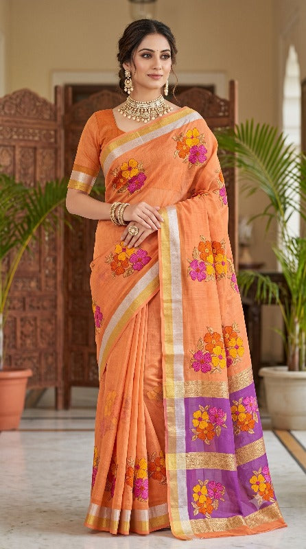 Organza Linen-Silk Embroidered Floral Saree
