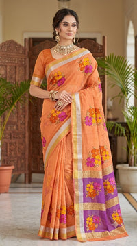 Organza Linen-Silk Embroidered Floral Saree