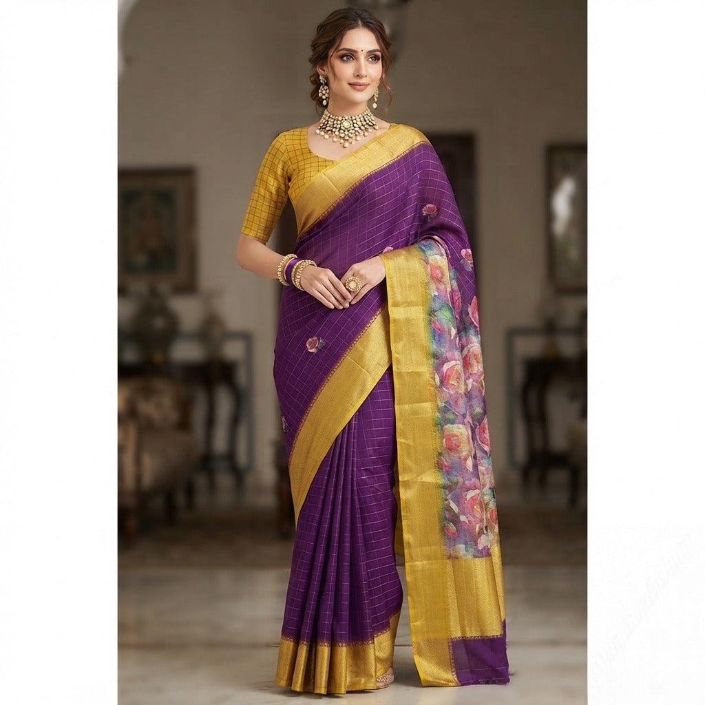 Banarasi Dola Silk Floral Rose Print Saree